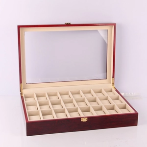 30-slot deep red wood watch display case with beige velvet lining and glass window