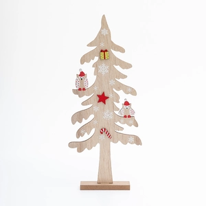 Wooden Christmas tree ornament with owl and festive star on a steady timber base
