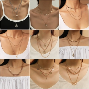 Detail showing various layered necklaces with stars and pearls on models in a collage