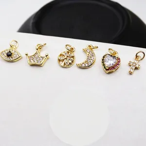 Set of 6 gold plated brass charms with micro-pave cubic zirconia for jewelry making
