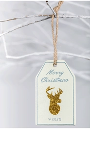 Macro detail of wooden Christmas deer tag with gold glitter and rustic jute twine
