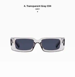Detailed shot of rectangle sunglasses in transparent grey C04 frame with dark grey lens