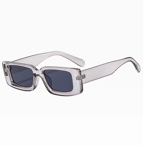 Detail view of transparent grey rectangular sunglasses showing the frame thickness and hinges