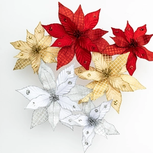 Shimmering Christmas Flowers Artificial Poinsettia Plaid Fabric With Glitter Sequins For Tree Wreath Holiday Decoration