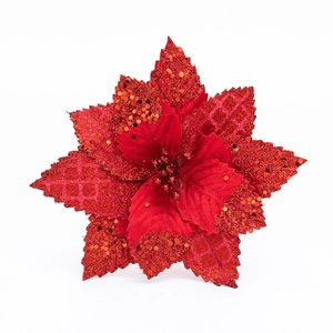 17cm red checkered poinsettia with glitter petals for Christmas holiday tree decoration