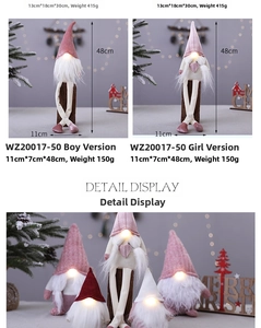 Detail view of a glowing Christmas gnome plush with LED light and size dimensions