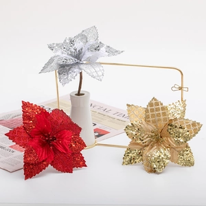 Artificial Christmas Poinsettia Flowers Glitter Fabric Xmas Tree Hanging Decor For Home Party Wedding Gold Silver Red