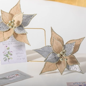 Christmas Artificial Flower Burlap Poinsettia With Glitter Edges And Gold Berries For Tree Decoration Wedding Party Home Decor