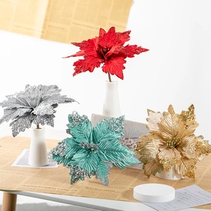 25cm Artificial Poinsettia Flowers in Red Gold Silver Teal with Glitter for Christmas Decor