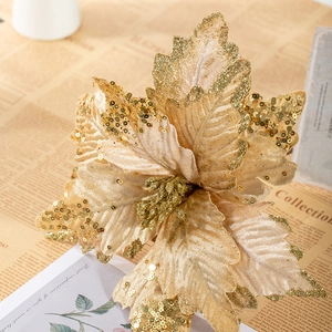 Glittering 25cm gold artificial poinsettia flower for elegant Christmas decoration