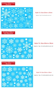 Detailed blue and white snowflake window stickers showing dimensions and various designs