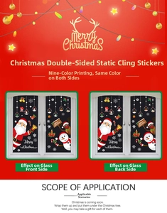 Close-up of double-sided Christmas static stickers with Santa and reindeer on glass