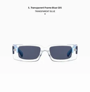 Detail view of transparent blue rectangular sunglasses with silver metal hinges and grey lenses