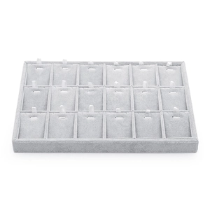 Gray velvet jewelry tray with 18 compartments for necklace and pendant display
