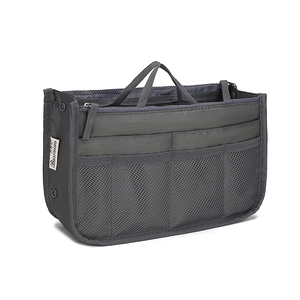 Gray multifunctional tote bag organizer insert with mesh pockets and zip closure