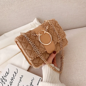Plush Faux Fur Crossbody Bag For Women Quilted Diamond Pattern Shoulder Bag Gold Chain Antler Buckle Small Square Purse