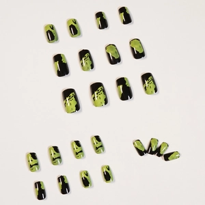 Faux ongles graffiti noir et vert avec motifs abstraits artistiques, kit de 24 pièces