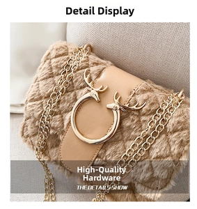 Detail of camel plush crossbody bag with gold elk metal buckle and chain strap