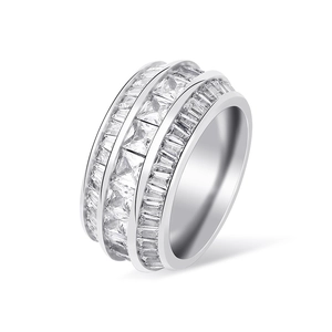 Three-row baguette cubic zirconia hip hop ring in silver finish for men and women