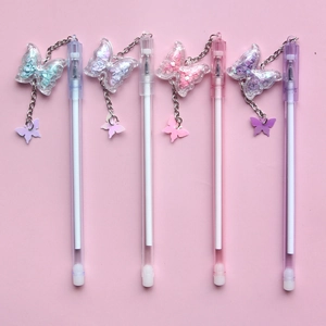 Set of 4 butterfly pendant gel pens in blue, white, pink and purple with sequin details