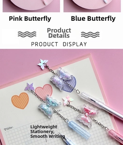 Detail of cute butterfly pendant gel pens with glitter filled caps and smooth ink tips