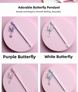 Detailed view of creative gel pens featuring sparkling butterfly charms in four pastel colors
