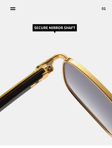 Detail of secure golden metal hinge and wood grain temple on retro square sunglasses