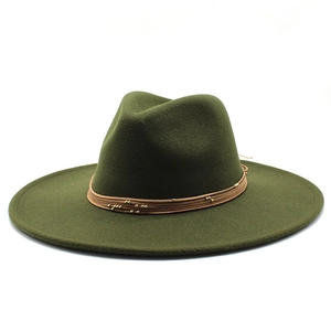 Classic dark olive wool fedora hat with wide brim and beaded trim on white background