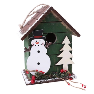 Charming green wooden birdhouse Christmas ornament with snowman and snowy roof decor