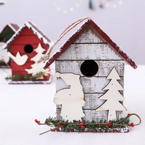Charming wooden Christmas birdhouse ornaments with Santa silhouettes and snowy roofs