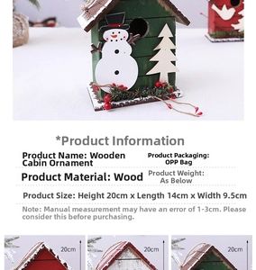 Detail of wooden Christmas house cabin decor with snowman and berry accents, 20cm height