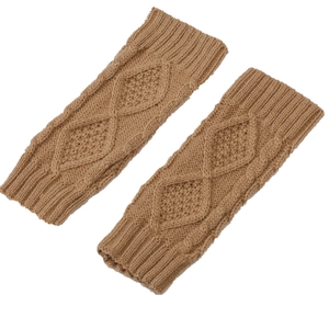 Knitted khaki fingerless gloves with diamond and cable patterns for women's winter warmth