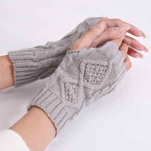 Fingerless Gloves Knitted Acrylic Winter Warm Rhombic Cable Knit Pattern Outdoor Fashion For Women