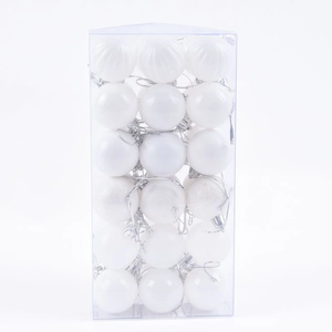 Box of 36 white Christmas ball ornaments in shiny glitter and matte textures