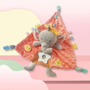 Detail of plush elephant baby security blanket with coral textured fabric and star teether