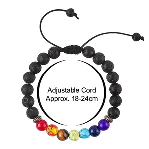 Adjustable seven chakra lava stone beaded bracelet with natural tiger eye and turquoise