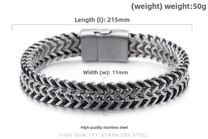 Detail view of woven stainless steel bracelet with magnetic clasp, 215mm length and 50g weight