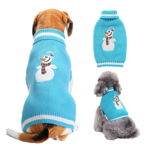 Sky blue knit dog sweater with snowman embroidery and white striped ribbed edges