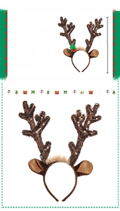 Brown sequin reindeer headband with green leaves and red bells, 34cm height and 50g weight