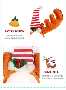 Detail of Christmas reindeer antler headband featuring red bells and striped Santa hat