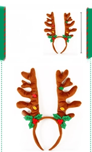 Detailed size chart for Christmas reindeer headband with bells showing 30cm height and fabric material
