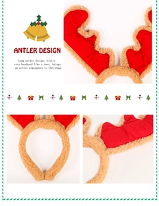 Detail of Christmas reindeer antler headband featuring red fabric and plush texture