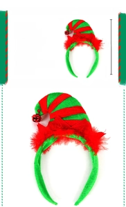 Detail view of a 25cm Christmas elf hat headband with striped fabric and festive red bells