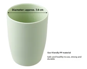Detail of light green PP travel cup showing 7.8cm diameter and cylindrical structure