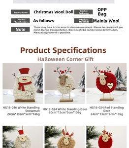 Detailed size chart for handmade wool felt Christmas snowman and reindeer figurines