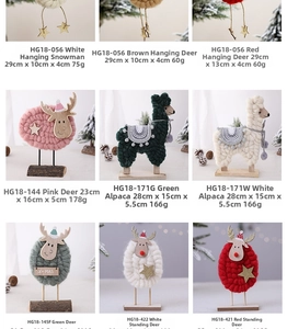 Detail of diverse handmade knit Christmas plush animals with wooden bases and X-MAS tags