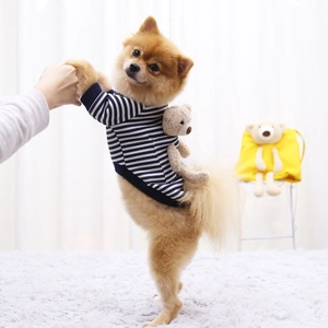 Close-up of navy blue striped pet sweater with a cute plush teddy bear toy on the back