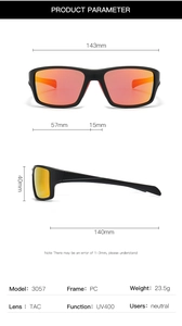 Dessin technique de lunettes de soleil de sport polarisées avec dimensions de la monture