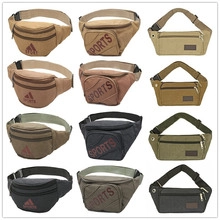 Detailed grid of canvas waist bags in various earth tones with multi-zipper compartments