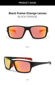 Détail de lunettes de soleil de sport à monture noire et verres polarisés orange vus de face